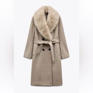 Zara Camel Wool-Blend Belted Trench Coat with Faux Fur Collar